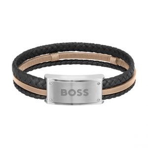 Boss Effect Bracelet Homme Hugo Bijoux Galen - 1580423 Acier, Cuir Marron, noir