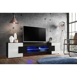 Meuble Banc TV Merano Version 2 Komodee - LED Bleues - Blanc Brillant et Noir - 230 x 53 x 35 cm