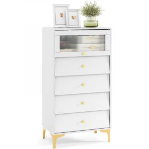 Commode Chambre, Armoire Cuisine avec Porte en Verre Stri&eacute; Basculante, Tiroirs Coulissants, Pieds M&eacute;talliques Dor&eacute;s, Kit Anti-Basculement, Armoire