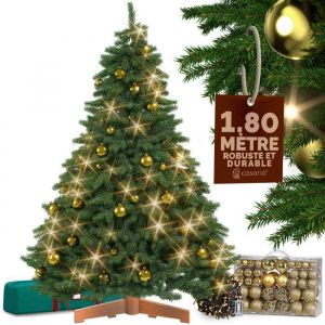 Arbre de Noël artificiel Premium 180cm + boules or + guirlande lumineuse blanc chaud