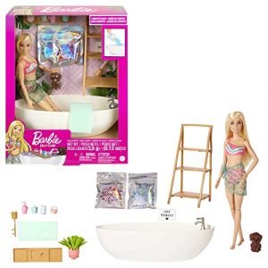 Image de Mattel Coffret Bain Relaxant avec poupée blonde, baignoire, chiot, savon confetti coloré et accessoires, Jouet Enfant, Dès 3 ans, HKT92