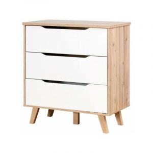 Commode Meuble 3 tiroirs Décor chene et mat Pieds en massif Scandinave L 80 cm VAN