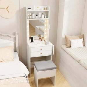 Costway - Petite Coiffeuse avec Miroir et Tabouret, Coiffeuse avec Rangement, Lumières Réglables en 3 Couleur, Station de Charge, Table de