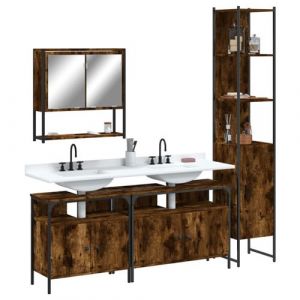 VidaXL Ensemble de Meubles de Salle de Bain 4 pcs, Armoires de Lavabo avec Miroir, Placards de Rangement Toilette, Moderne, Chêne Fumé