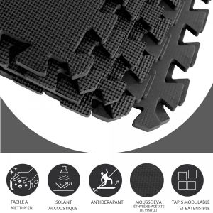 Gorilla Sports 8 dalles carr&eacute;es de protection - 1,2 cm d'&eacute;paisseur - Coloris : Noir, Rouge, Gris, Bleu, Bois fonc&eacute;, Bois clair, Gazon - Couleur : NOIR