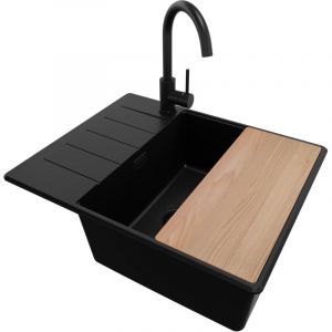 Primagran - Evier Cuisine en Granit Tout Noir 62x50cm, Lavabo 1 bac + Kit de Vidage + Robinet + Planche à Découper, Évier à Encastrer au meuble 50cm