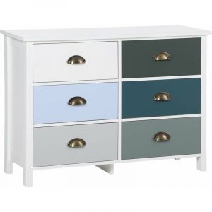 Homcom Commode style néo-rétro 6 tiroirs poignées coquilles MDF blanc bleu gris 83x30x61cm Blanc