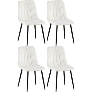 D&eacute;coshop26 Lot de 4 chaises de salle &agrave; manger coutures d&eacute;coratives verticales en tissu velours blanc cr&egrave;me et pieds m&eacute;tal noir 100001869