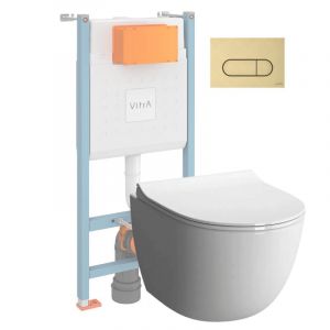 vitra Pack WC suspendu Sento Blanc Compact + B&acirc;ti auto-portant V-Fix Core + Plaque Round Or bross&eacute;