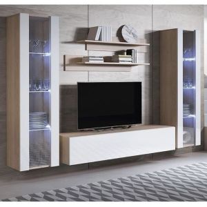 Design Ameublement - Ensemble de Meubles tv Mur de Rangement Meuble salon Suspendu avec led Sonoma mat et Blanc brillante Modèle Luke 8E