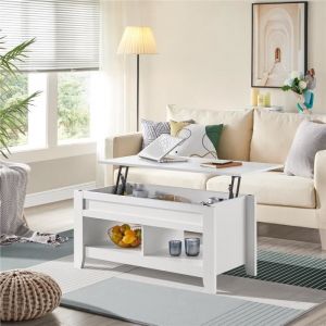 Yaheetech Table De Basse Relevable Avec Plateau Relevable, Table De Salon Fonctionnelle, Table De Salle À Manger, Avec Deux Compartiements Caché, Design Moderne En Bois Mdf 104 X 49 X 49/61 Cm Blanche
