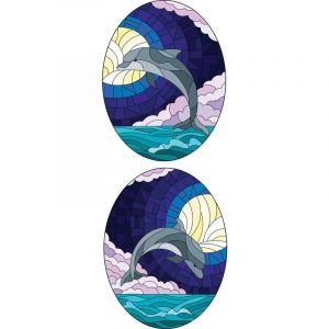 Plage Sticker électrostatique pour vitre, illustration de dauphins sautant dans la mer, décoration représentée dans un style vitrail, 67 cm X 23 cm - Bleu