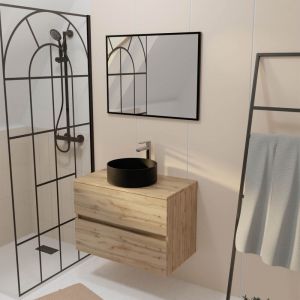 Aurlane Meuble Salle de Bains 80cm 2 Tiroirs Chêne Naturel + Vasque Ronde Noire 36cm et Miroir 60x80cm