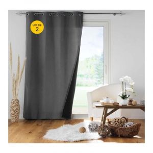 Douceur D'int&eacute;rieur - Lot de 2 rideaux &agrave; oeillets 140x 260 cm doubl&eacute;s polaire thermique Jupiter Anthracite