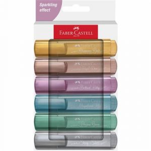 Faber-Castell 254676 Pochette de 6 Surligneurs Métalliques, Pointe Biseautée de Précision, Couleurs Vibrantes, Marqueurs Plats Ergonomiques