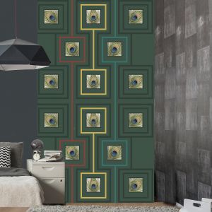 Plage Papier peint panoramique intissé, image papier intissé, plumes de Paon, représenté dans un design de graphisme, 250 cm x 150 cm - Vert