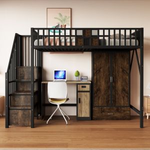 Lit mezzanine 90x200 m&eacute;tal noir avec dressing, tiroir, escalier rangement, garde-corps bois/grille