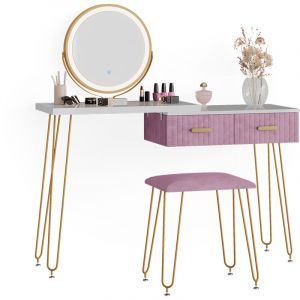 Image de Vicco - Coiffeuse Zoey blanc/rose avec tabouret et miroir led