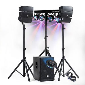 Bm sonic Pack Sono DJ 1000W complet Enceintes +SUB 31cm USB/Bluetooth, Câbles, Portique Eclairage LED, UFO, Bar Salle des fêtes