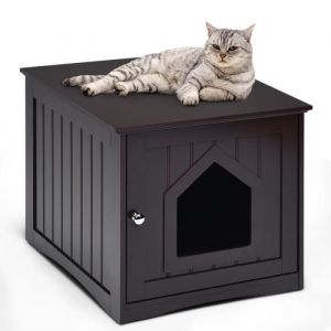 Image de COSTWAY Maison de Toilette pour Chat en Bois 51 x 49 x 47 CM avec Porte,Poignée,Surface Lisse, pour Salon,Chambre,Balcon Marron