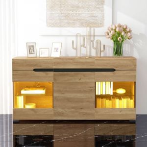 Buffet salon, buffet led, buffet bois avec 3 portes et 3 tiroirs, chêne