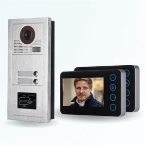 BT SECURITY Portier interphone vid&eacute;o modern 2 fils - 2 appartements - 2 &eacute;crans noirs - avec lecteur de badge