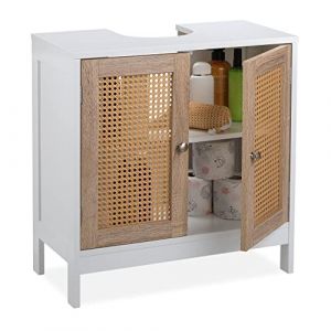 Relaxdays Meuble sous lavabo, 60 cm de large, 2 compartiments, espace tuyauterie, portes effet rotin, blanc/naturel