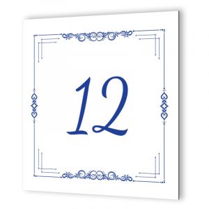 Numéro de maison extérieur personnalisable en Dibond Blanc Picto Bleu · modèle cadre ethnique - Blanc