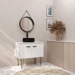 Aurlane Meuble Salle de Bains 80cm Blanc et Noir sur pieds - 2 portes - Vasque Ronde et Miroir Barbier Noir