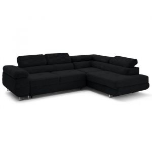 Zaria - canap&eacute; d'angle droit 5 places convertible avec coffre et t&ecirc;ti&egrave;res en velours c&ocirc;tel&eacute; grosses c&ocirc;tes - noir