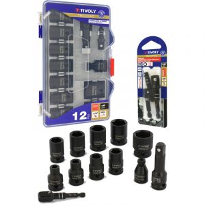 Tivoly Coffret Douilles à Choc 1/2" (9 pcs Ø 8-24 mm) + Rallonge & Adaptateurs + 3 Adaptateurs HEXA 6,35 mm pour Douilles 1/2" 3/8" 1/4"