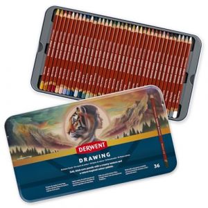 Derwent Crayons à dessin, coffret de 36 dans une boîte en métal, mine ronde de 5 mm, mine de qualité supérieure, texture crémeusee, idéal pour le dessin et le coloriage, 2306557