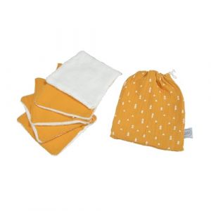 Bébé Douceur, Set de 5 Débarbouillettes Gaze de Coton et Eponge 11 x 11 cm avec Pochon Moutarde