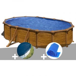 Image de Gre Kit piscine acier aspect bois Mauritius ovale 5,27 x 3,27 x 1,32 m + Bâche hiver + Bâche à bulles