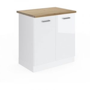 Vicco - Meuble bas sous-évier R-Line, Blanc Haute brillance, 80 cm, pt Chêne