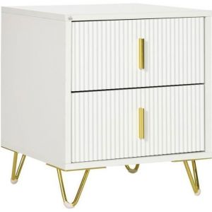 Image de Homcom Table de chevet table de nuit 2 tiroirs coulissants fa&ccedil;ade ondul&eacute;e mdf blanc pi&egrave;tement &eacute;pingle m&eacute;tal dor&eacute;