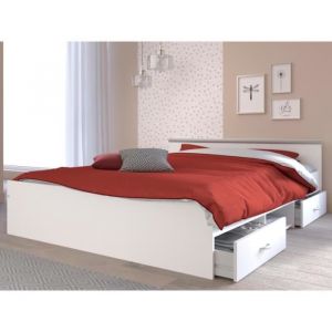 Lit avec rangements 140 x 190 cm - 2 tiroirs et 1 niche - Coloris : Blanc + Sommier + Matelas - PABLO