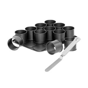 Zenker 9926850 Plaque pâtisserie avec 12 mini moules ronds et spatule à glacer, 12 mini moule à flan avec spatule, 12 petits moules gâteaux hauts, plaque cuisson, Acier, Plastique, 38 x 30 cm et 23 cm