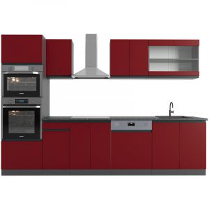 Cuisine R-Line, Rouge/Anthracite, 300 cm J-Shape, avec armoire haute, sans plan de travail Vicco