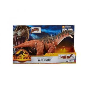 Dinosaure brun mega action : ampelosaurus 35 cm - dino dominion articulé - pour jurassic world - set animaux préhistorique + 1 carte