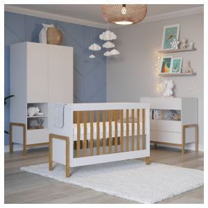 Chambre compl&egrave;te lit b&eacute;b&eacute; 60x120 commode 3 tiroirs et armoire 2 portes Kocot Kids Victor - Blanc et Ch&ecirc;ne
