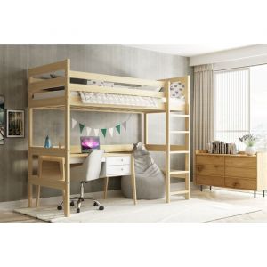 Lit superposé Mezzanine HAUTE dim.matelas 97x205, dim.matelas 90x200 Bois Massif Naturel Barrière de sécurité Sommier Sans matelas (pin naturel )