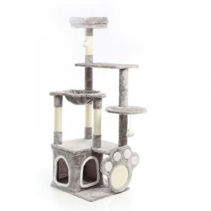 Arbre à chat Motif Pattes Gris 135cm Griffoir Sisal Niche Hamac Jeux Ludique Balle - Fudajo