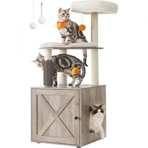Arbre à Chat avec Maison de Toilettes Tour de Jeu Moderne 2-en-1 Poteaux à Griffer Perchoir Tapis Lavables Grège