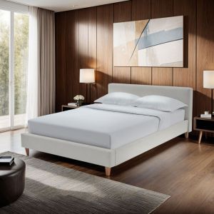 Mes Lit 160x200 cm avec t&ecirc;te de lit en velours c&ocirc;tel&eacute; beige et pieds bois