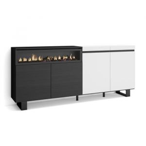 Buffet salon et cuisine, Meuble de Rangement, Commode, 200x87x35cm, 4 Portes, Cheminée électrique, Design industriel, Style moderne, Blanc et noir