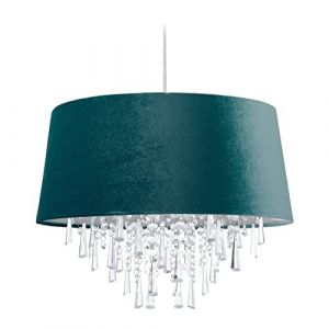 Relaxdays Lampe à suspension, luminaire, abat-jour aspect velours, HxD : 140x45,5 cm, cristaux, E27, salon, vert