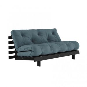 Canapé convertible futon ROOTS pin laqué noir matelas 160 x 200 cm coloris bleu pétrole