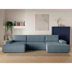 Grand canap&eacute; d'angle panoramique convertible en velours c&ocirc;tel&eacute; bleu turquoise AMELIA