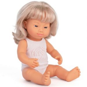 Miniland Baby Dolls : Poupée bébé caucasienne avec Syndrome Down Rubia en Vinyle Doux de 38 cm. Présenté avec vêtements intérieurs dans Une boîte Cadeau (31264)
